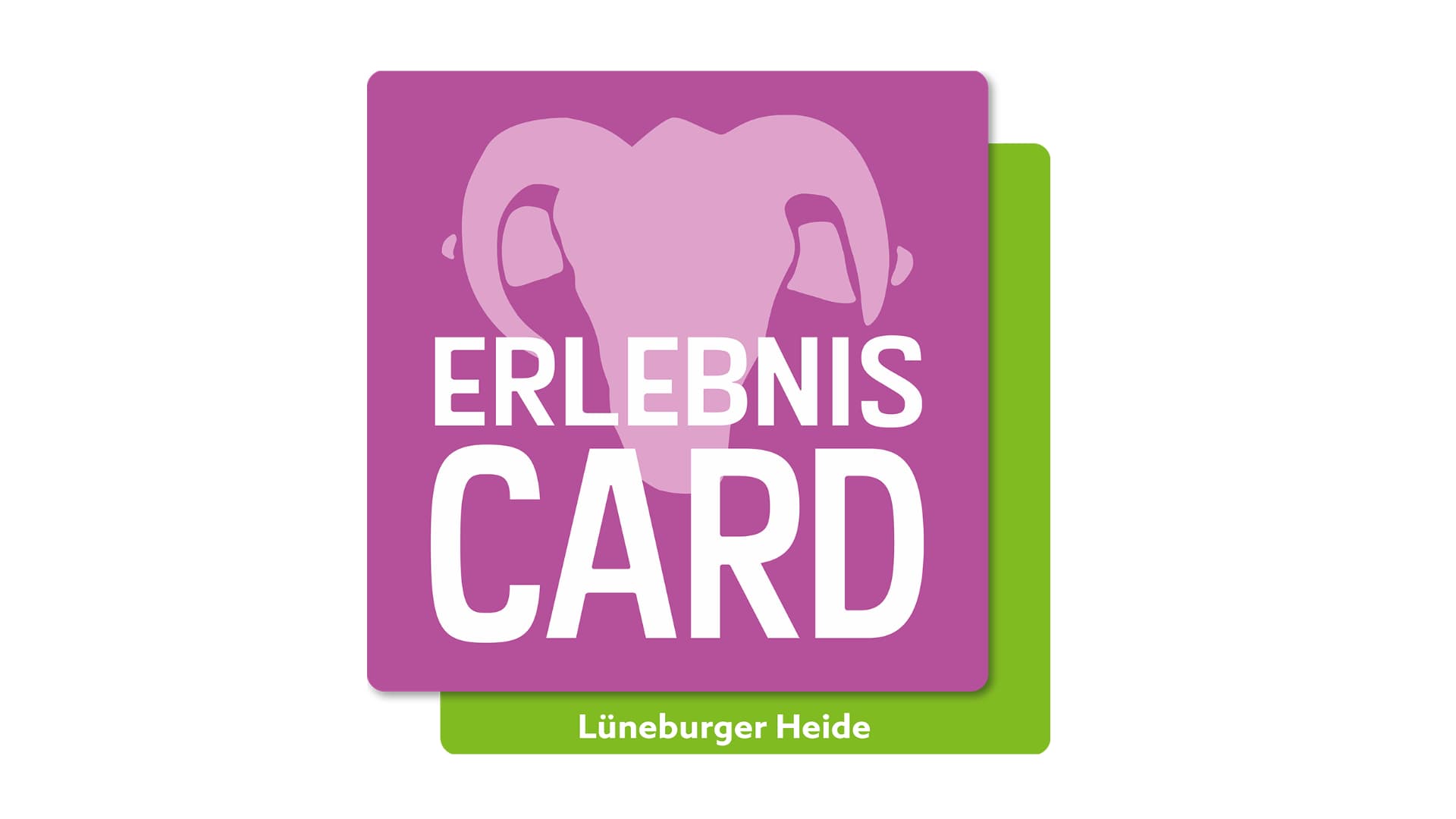 Logo der ErlebnisCard Lüneburger Heide mit stilisiertem Heidschnucken-Kopf in Pink und Grün.Logo of the ErlebnisCard Lüneburg Heath with stylized Heidschnucken head in pink and green.Logo for ErlebnisCard Lüneburg Heide med stiliseret Heidschnucken-hoved i pink og grøn.Logo van de ErlebnisCard Lüneburg Heath met gestileerde Heidschnuckenkop in roze en groen.