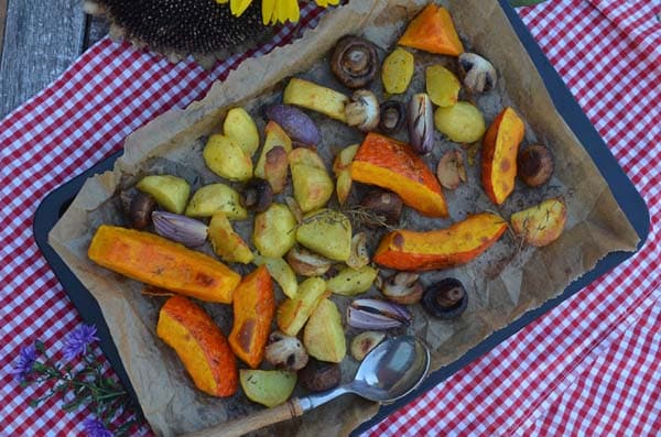 ideal im herbst: Ofengemüse aus der Heide, Kürbis, Kartoffel, Champignons